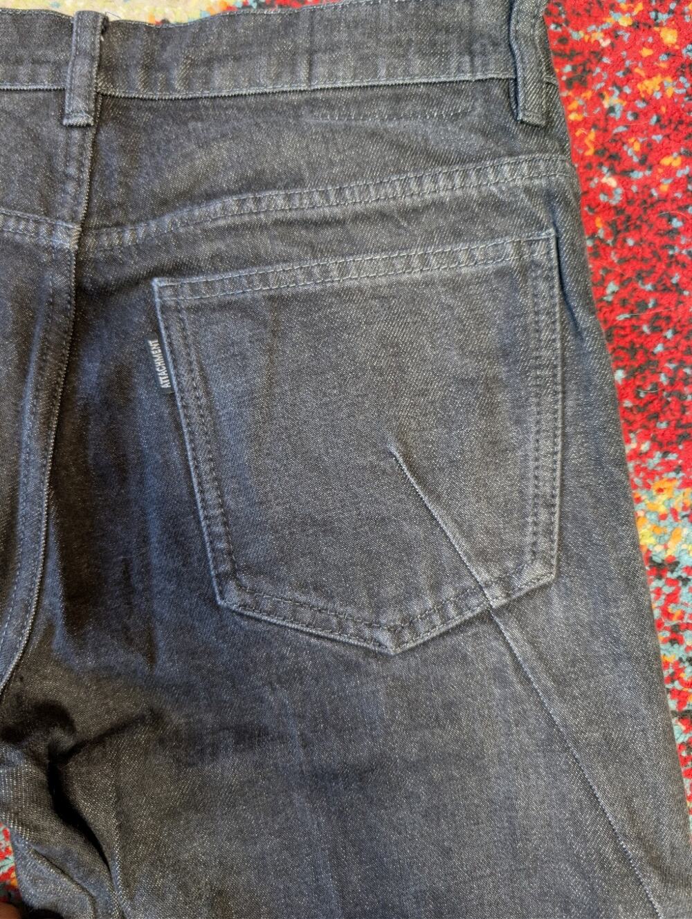 Bespoke ATTACHMENT Gray Raw Denim Jeans w/ Curved Hem & Flare Inserts